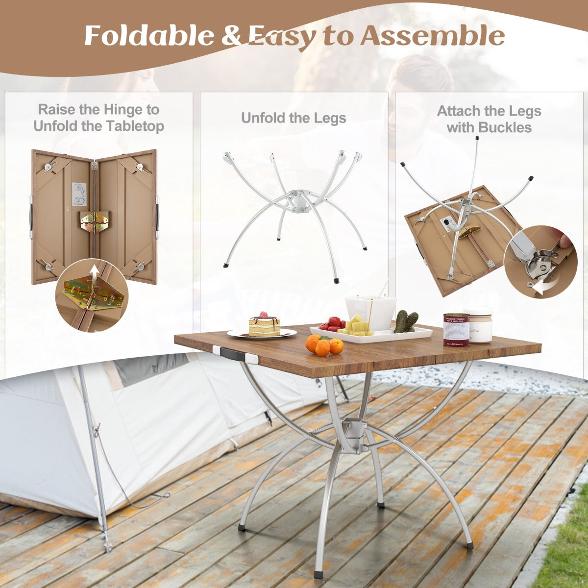 LIVSK Opvouwbare Picknicktafel - Lichtgewicht Aluminium - Houtnerf Tafelblad - Eenvoudig te Transporteren - Koffie + Zilver