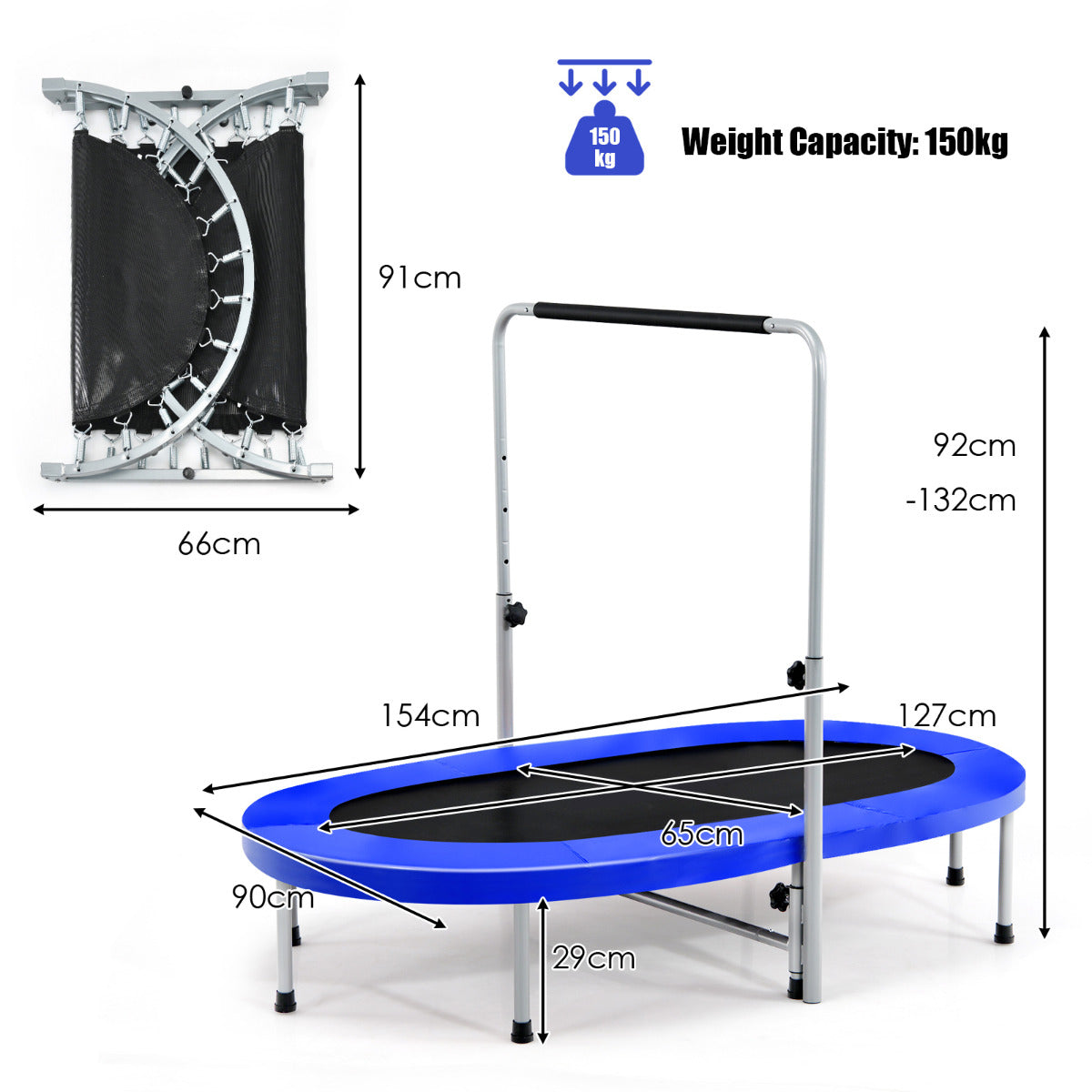 LIVSK Ovale Dubbele Trampoline - 150 kg Capaciteit - 32 Sterke Veren - Verstelbaar Handvat - 154 x 89 x 92-132 cm - Blauw