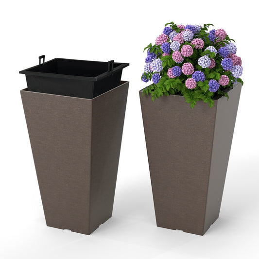 LIVSK 2-delige Set Zelfbewaterende Bloempotten - Uitneembare Binnenemmer - 100/64 Drainagegaten - Weerbestendig PP - Bruin