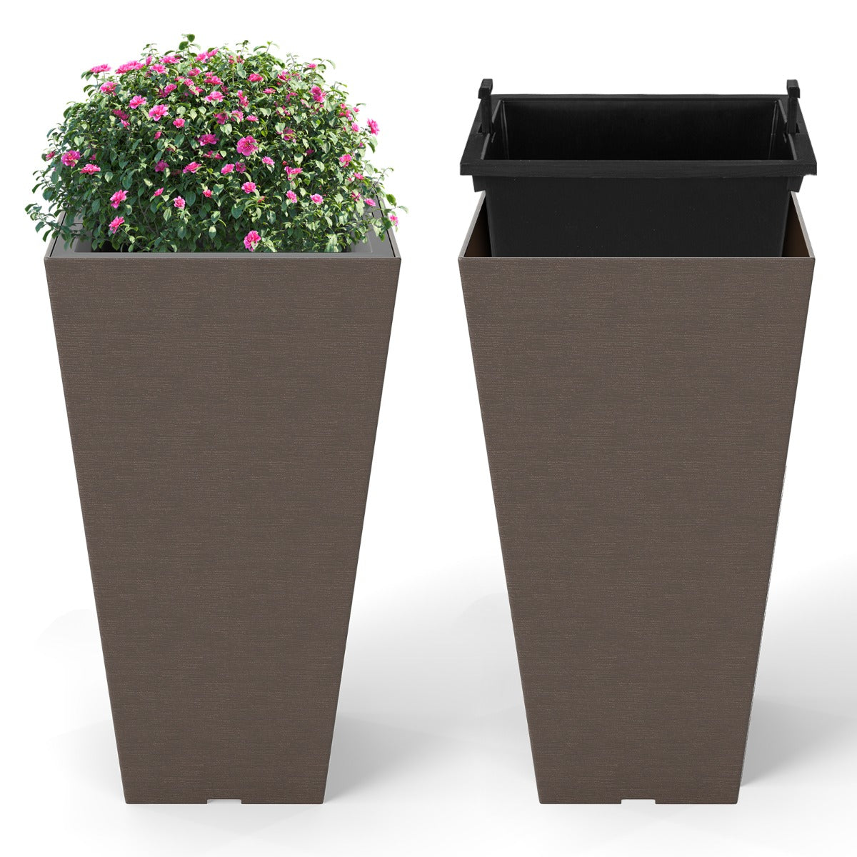 LIVSK 2-delige Set Zelfbewaterende Bloempotten - Uitneembare Binnenemmer - 100/64 Drainagegaten - Weerbestendig PP - Bruin
