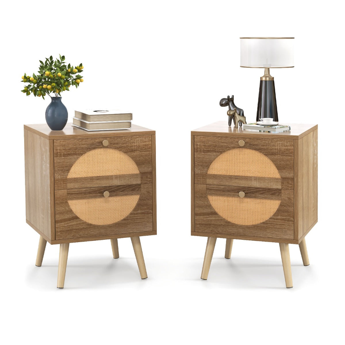 LIVSK Nachtkastjes Set van 2 - Geometrisch Patroon - 2 Ruime Lades - Massief Grenenhout - 40 x 40 x 56 cm - Natuurlijk