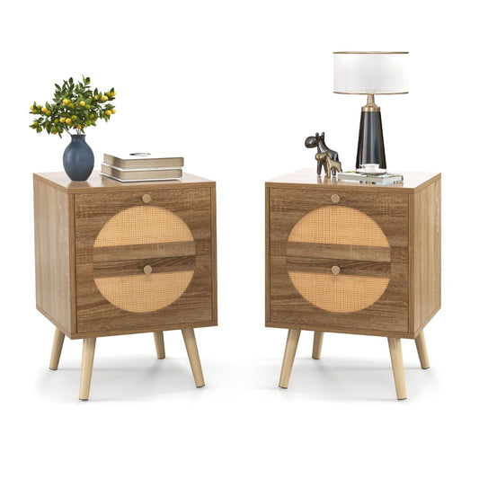 LIVSK Nachtkastjes Set van 2 - Geometrisch Patroon - 2 Ruime Lades - Massief Grenenhout - 40 x 40 x 56 cm - Natuurlijk