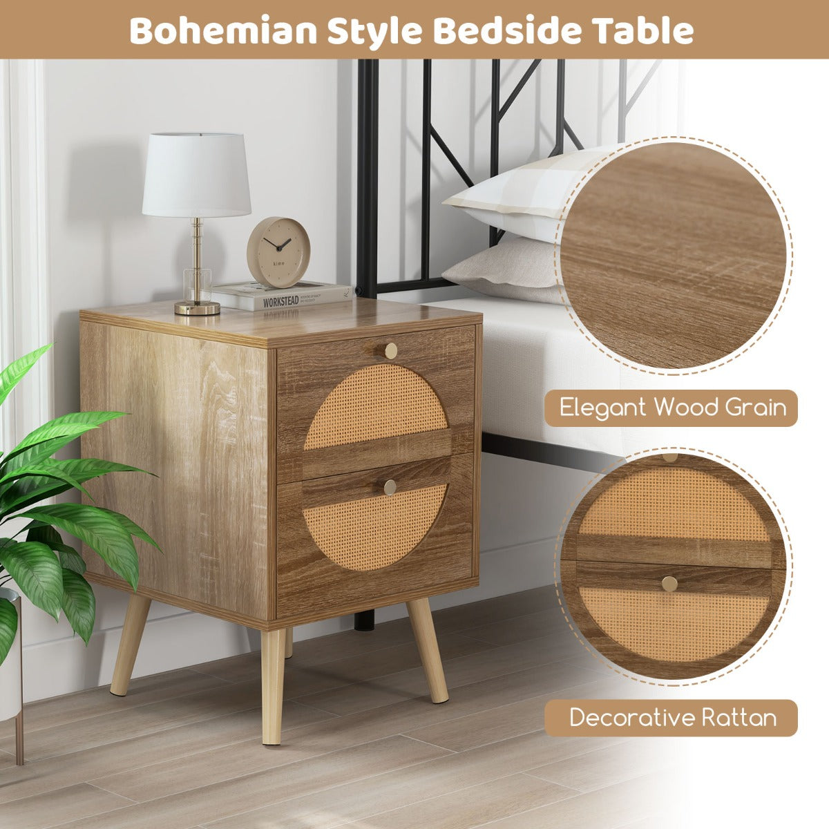LIVSK Nachtkastjes Set van 2 - Geometrisch Patroon - 2 Ruime Lades - Massief Grenenhout - 40 x 40 x 56 cm - Natuurlijk