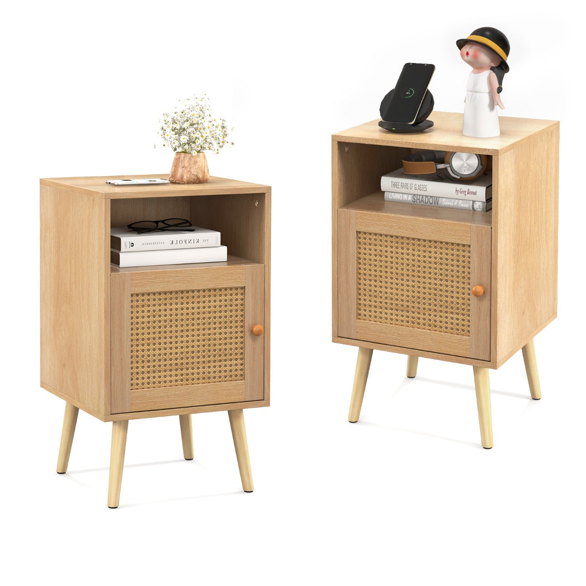 LIVSK Rotan Nachtkastje met Oplaadstation - 3 Niveaus Opbergruimte - Elegante Rotan Deur - Antikantelbeveiliging - 40 x 39 x 70