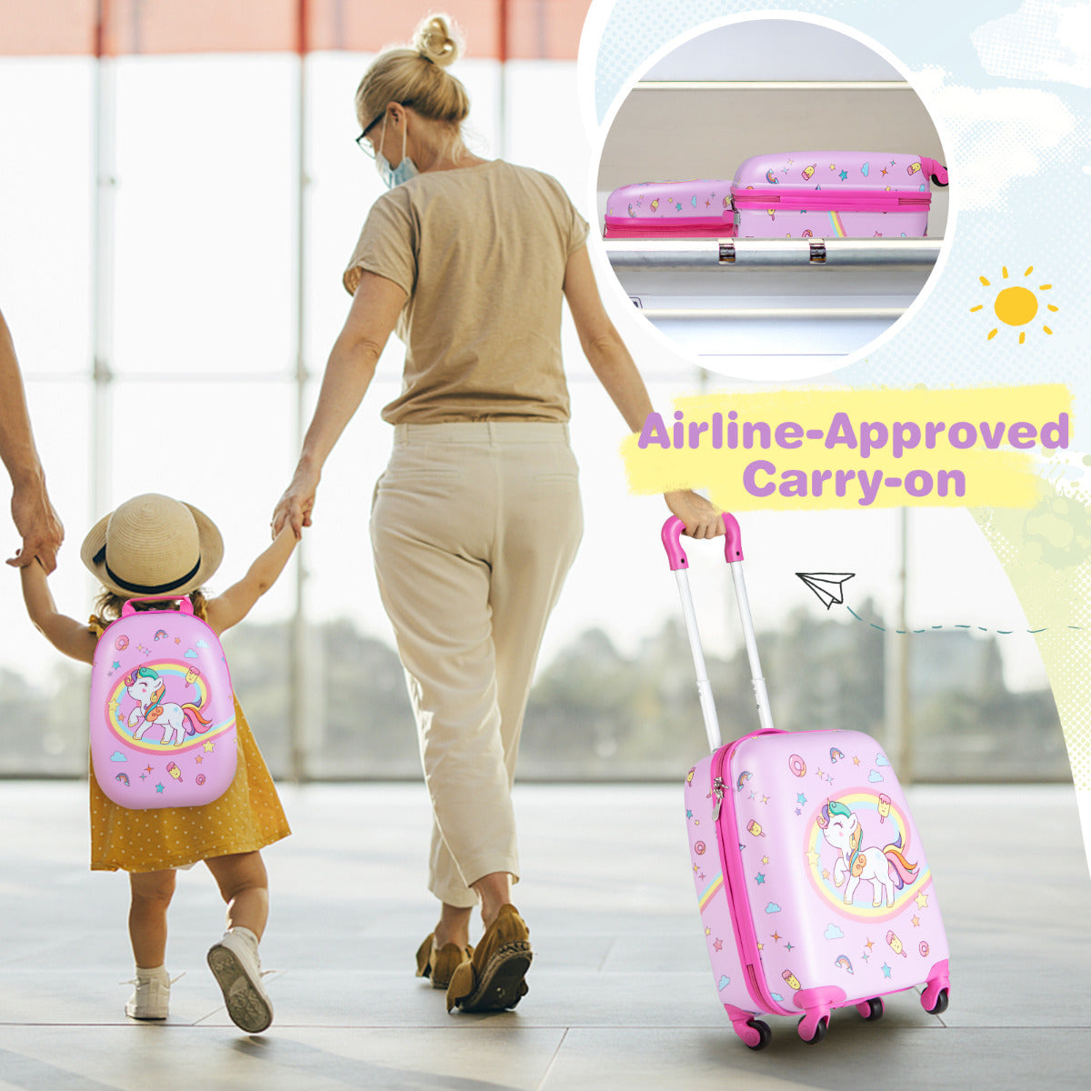 LIVSK Kindertrolley Bagageset - Hard-shell Koffer en Rugzak - Waterdicht - Ergonomisch - 360° Zwenkwielen - Zoals afgebeeld