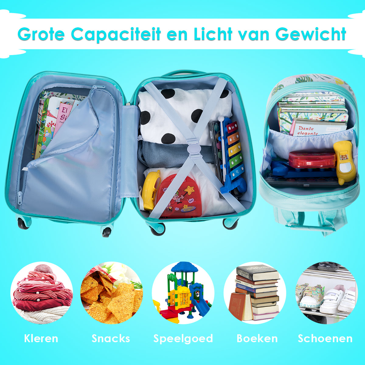 LIVSK 2-delige Kinderbagage Set - Duurzaam ABS en PC - Verstelbare Handgrepen - 4 Wielen - 30 x 22 x 44,5-74 cm - Blauw