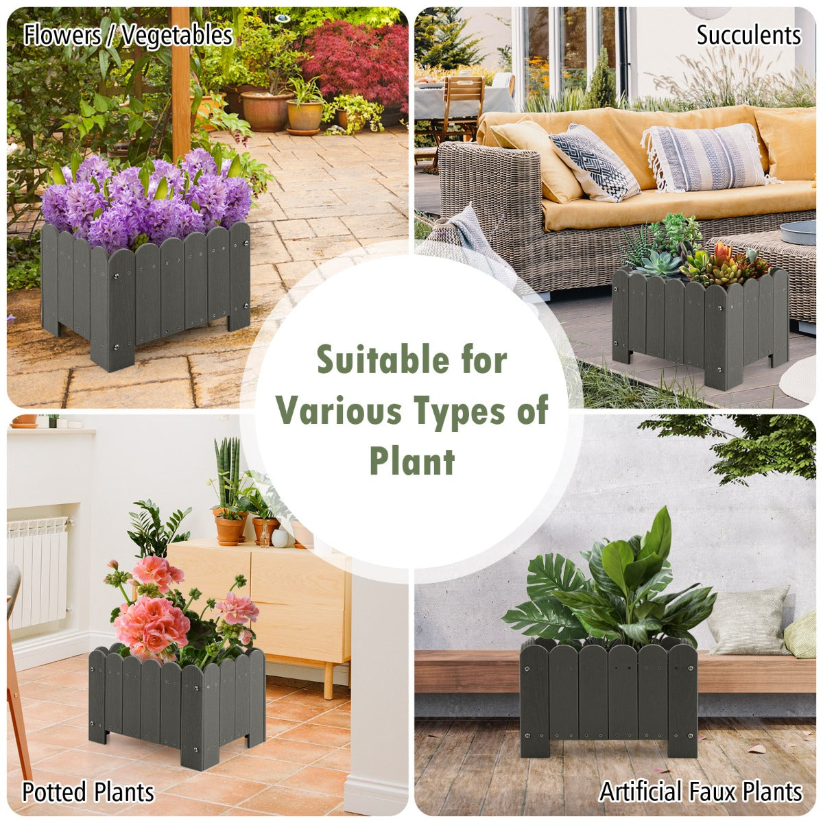 LIVSK Weerbestendige Tuinbloembak Set van 2 - HDPE met Afvoergaten - Voor Planten en Bloemen - 45 x 32 x 30 cm - Grijs
