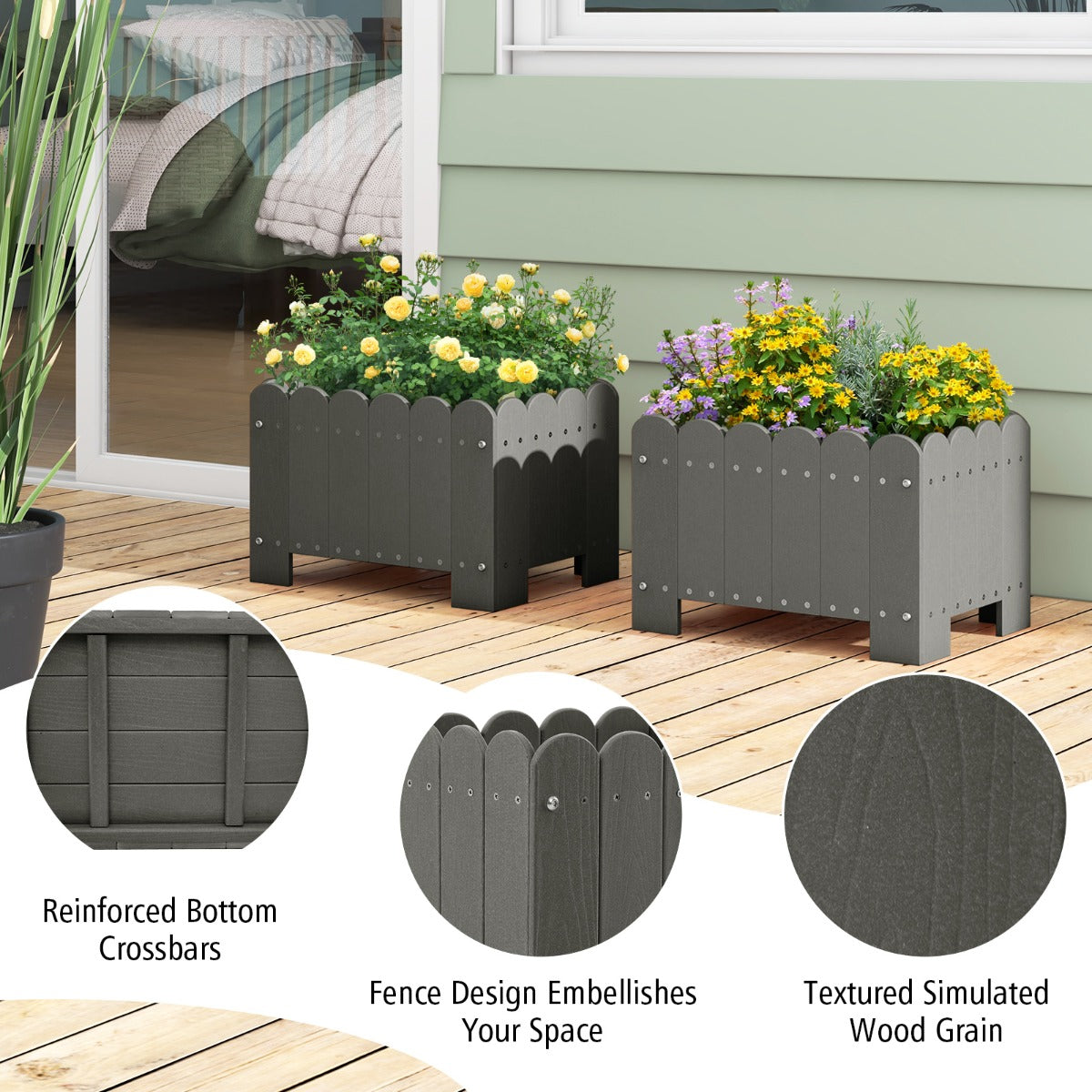 LIVSK Weerbestendige Tuinbloembak Set van 2 - HDPE met Afvoergaten - Voor Planten en Bloemen - 45 x 32 x 30 cm - Grijs