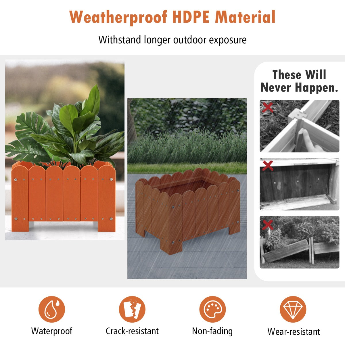 LIVSK Weerbestendige Tuinbed Set - 2 Kunststof Plantenbakken - Afwateringssysteem - Rustiek Design - 45 x 32 x 30 cm - Oranje