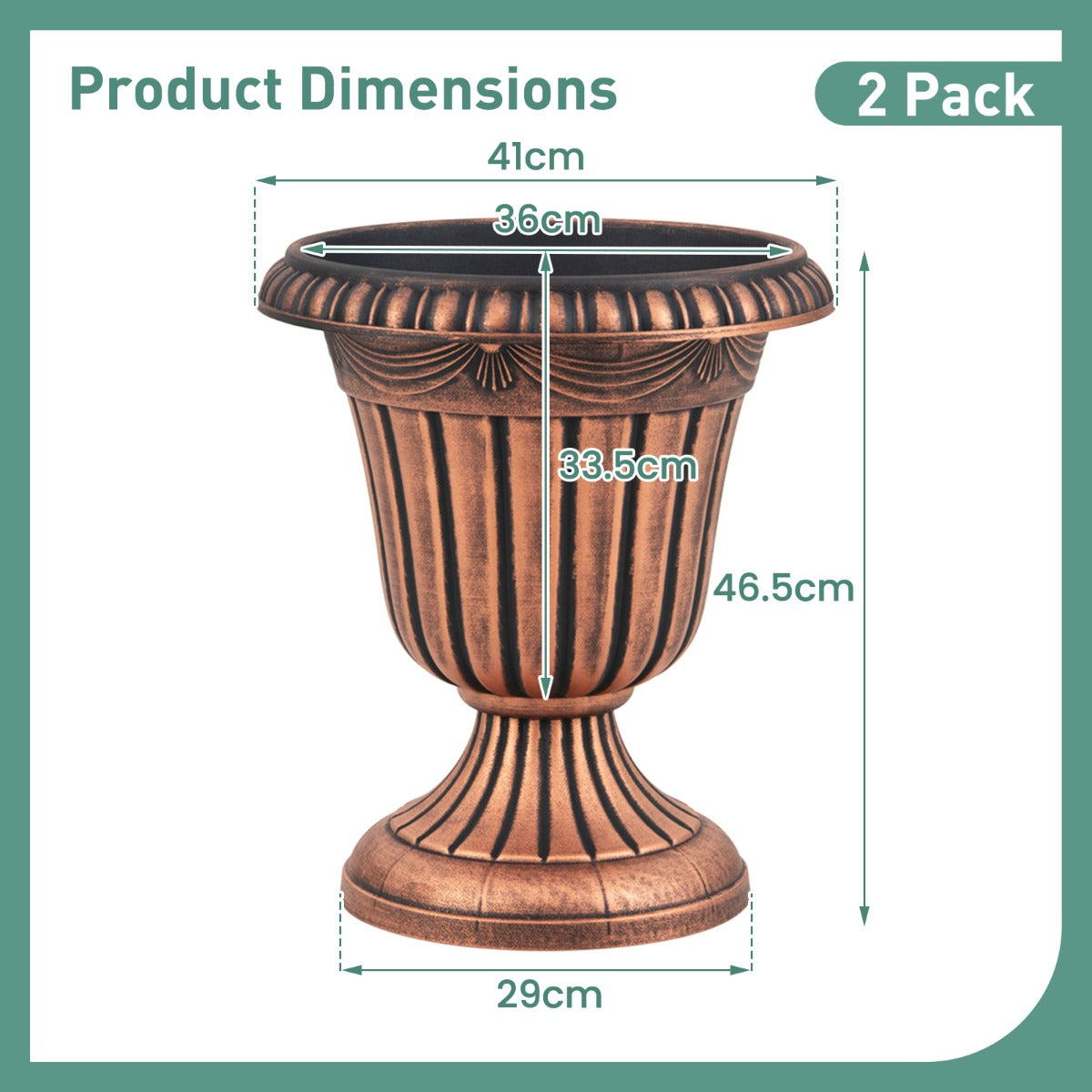 LIVSK Urn-plantenpotten - Set van 2 - Onderhoudsvriendelijk PP - Antiek patroon - Eenvoudige montage - 41 x 46,5 cm - Brons