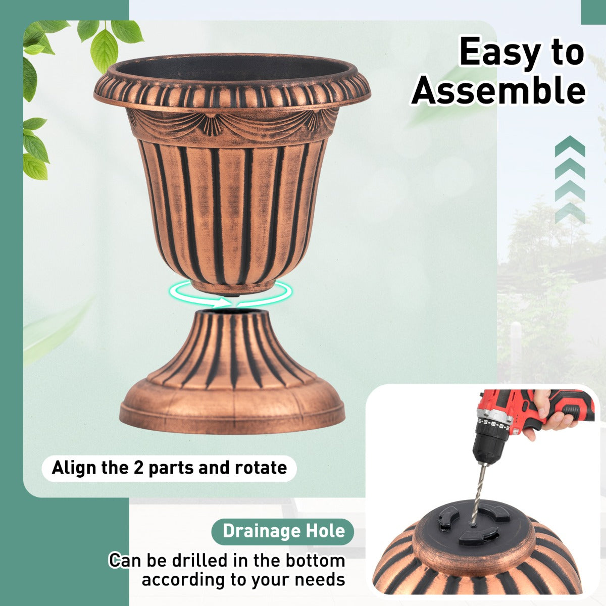 LIVSK Urn-plantenpotten - Set van 2 - Onderhoudsvriendelijk PP - Antiek patroon - Eenvoudige montage - 41 x 46,5 cm - Brons