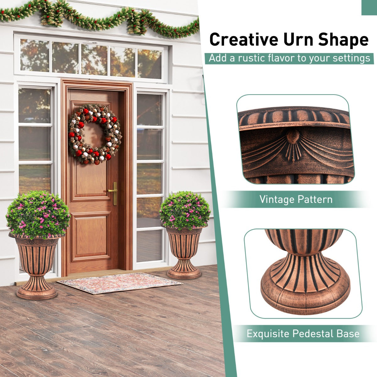 LIVSK Urn-plantenpotten - Set van 2 - Onderhoudsvriendelijk PP - Antiek patroon - Eenvoudige montage - 41 x 46,5 cm - Brons