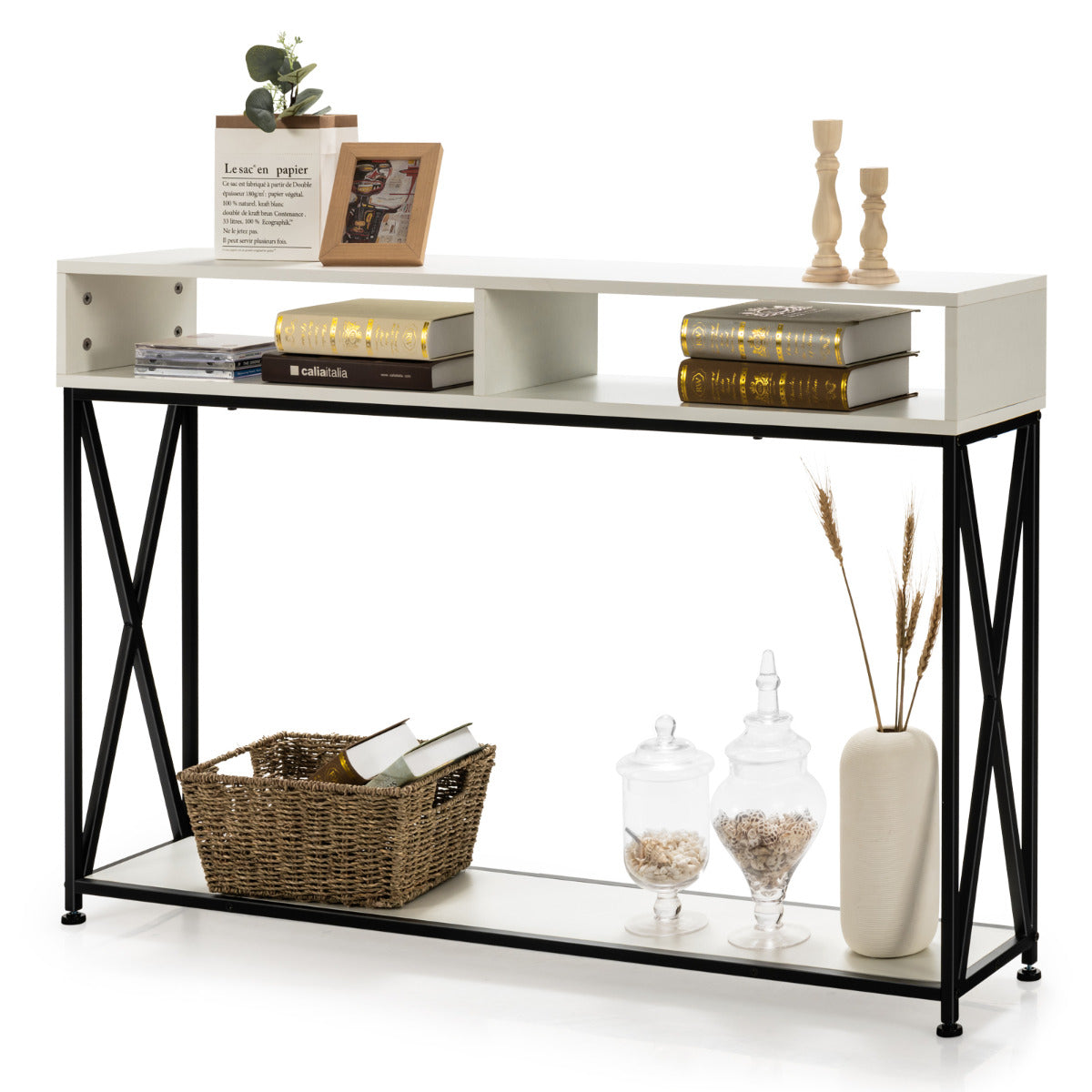 LIVSK Consoletafel met Open Plank - Stabiel Stalen Frame - Verstelbare Poten - Ruimtebesparend - 120 x 23 x 79 cm - Wit