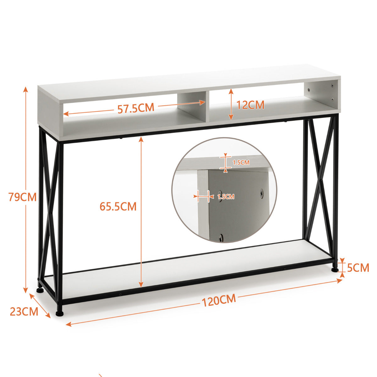 LIVSK Consoletafel met Open Plank - Stabiel Stalen Frame - Verstelbare Poten - Ruimtebesparend - 120 x 23 x 79 cm - Wit