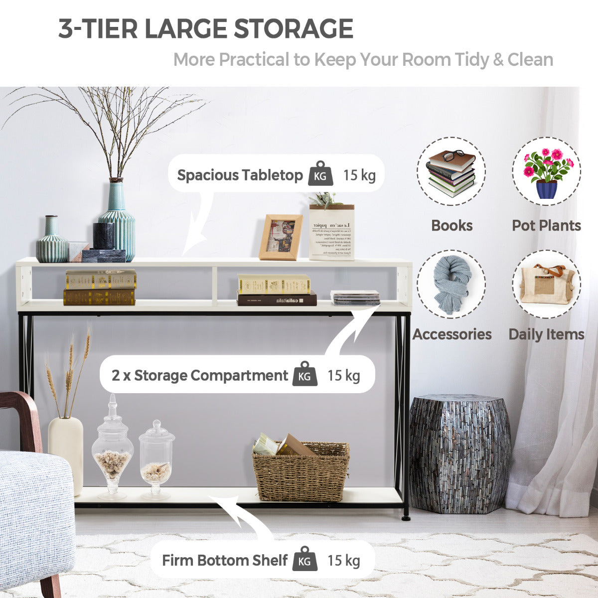 LIVSK Consoletafel met Open Plank - Stabiel Stalen Frame - Verstelbare Poten - Ruimtebesparend - 120 x 23 x 79 cm - Wit