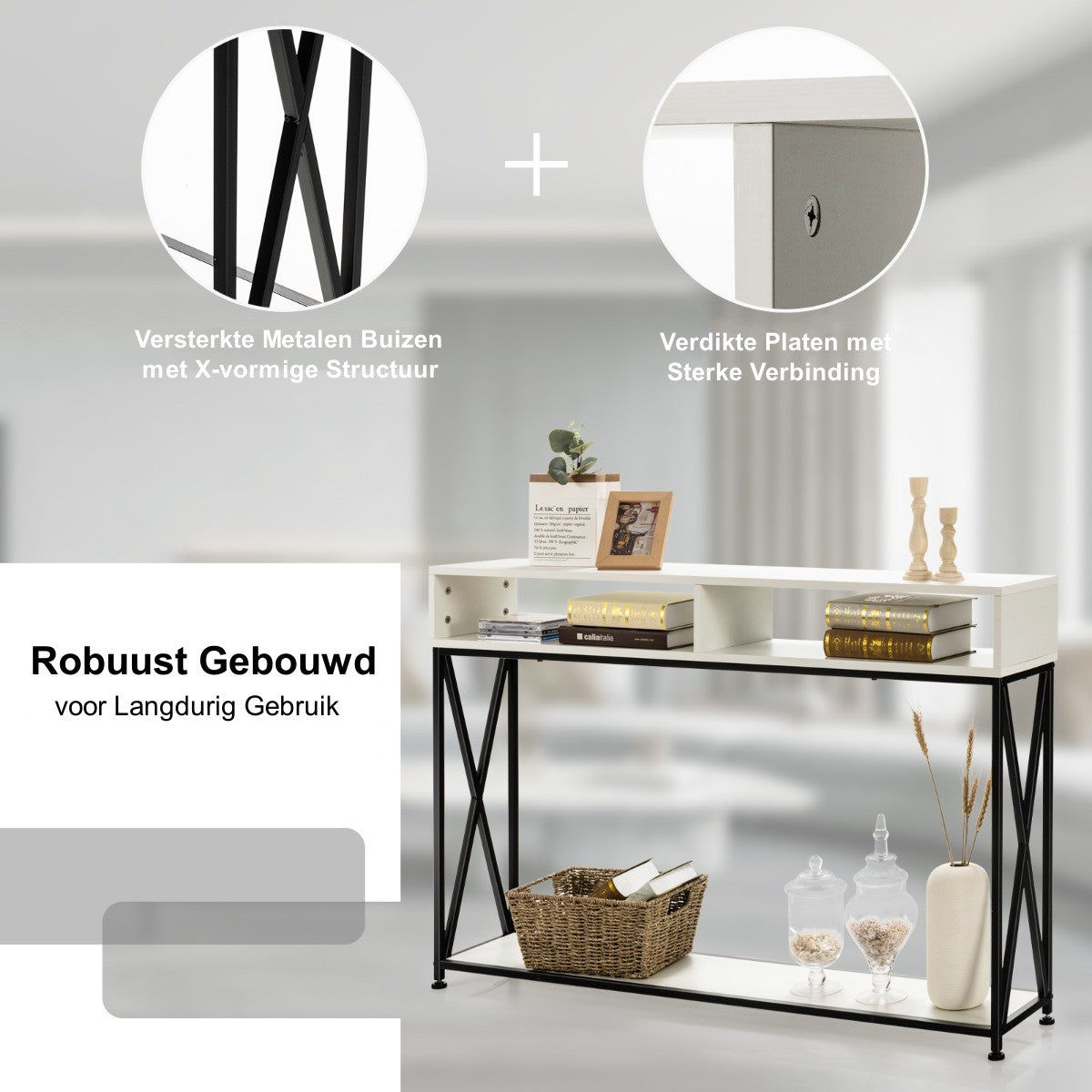 LIVSK Consoletafel met Open Plank - Stabiel Stalen Frame - Verstelbare Poten - Ruimtebesparend - 120 x 23 x 79 cm - Wit