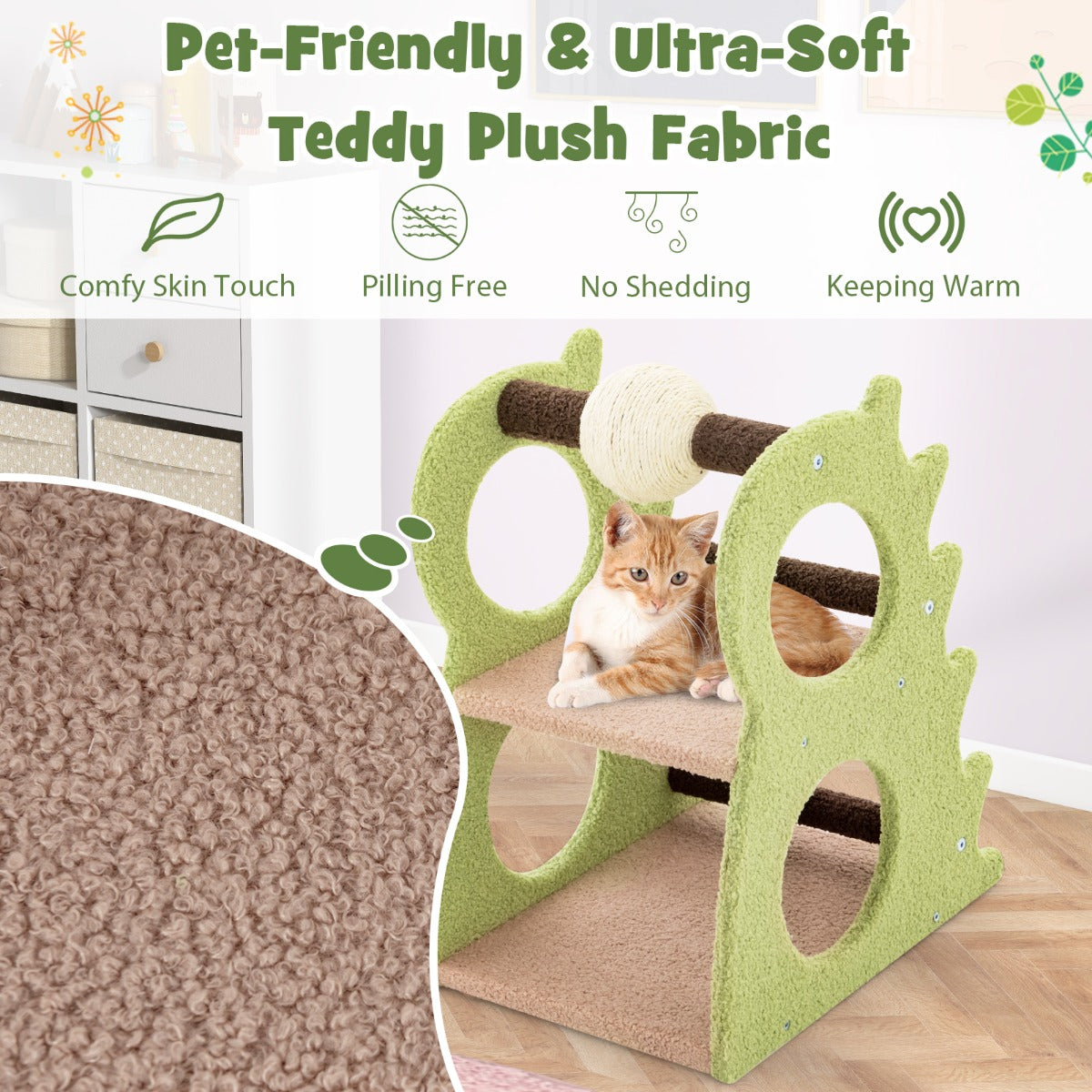 LIVSK Kattenkrabpaal - Dinosaurusvorm - 2 Niveaus met 4 Openingen - Draaibare Krabbal - 48 x 37 x 58 cm - Groen + Beige