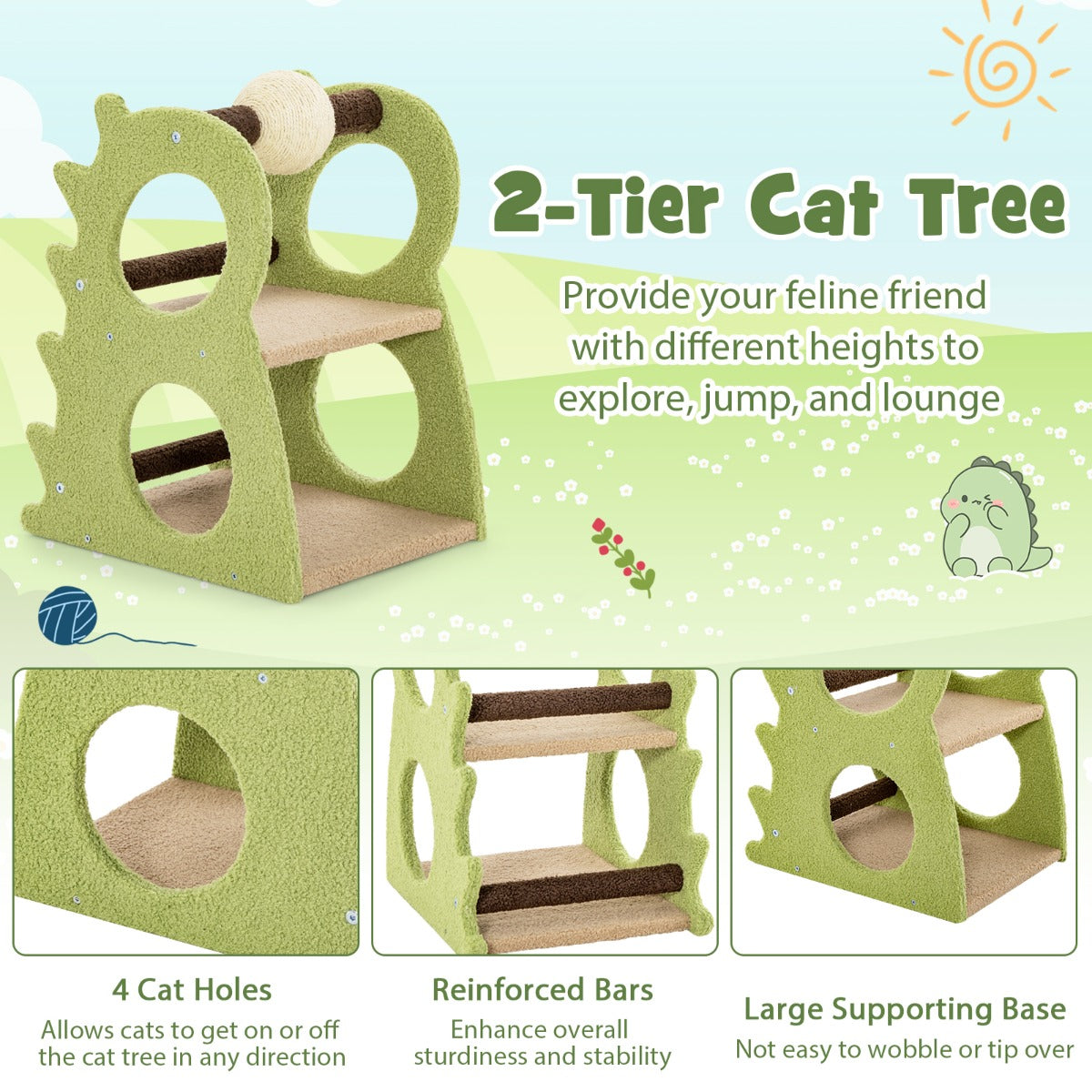 LIVSK Kattenkrabpaal - Dinosaurusvorm - 2 Niveaus met 4 Openingen - Draaibare Krabbal - 48 x 37 x 58 cm - Groen + Beige