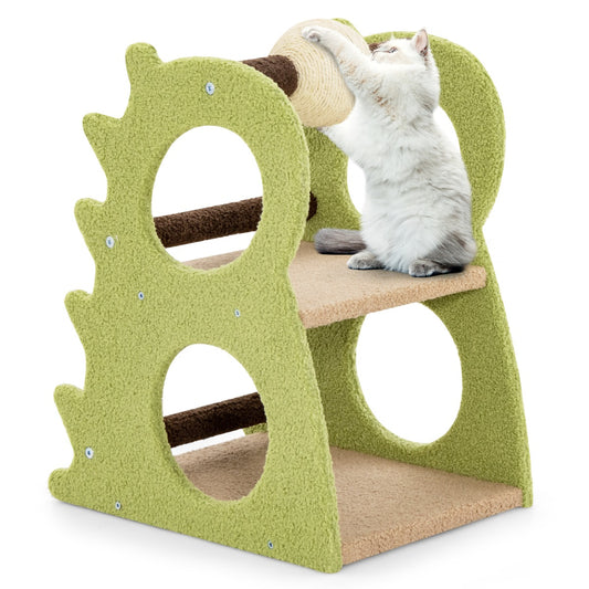 LIVSK Kattenkrabpaal - Dinosaurusvorm - 2 Niveaus met 4 Openingen - Draaibare Krabbal - 48 x 37 x 58 cm - Groen + Beige