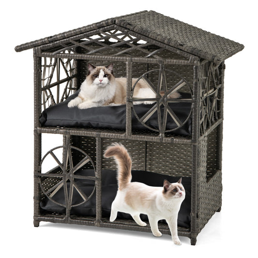 LIVSK Rattan-kattenhuis met Afneembare Kussens - Twee Verdiepingen - Vintage Ontwerp - Voor Binnen en Buiten - Grijs