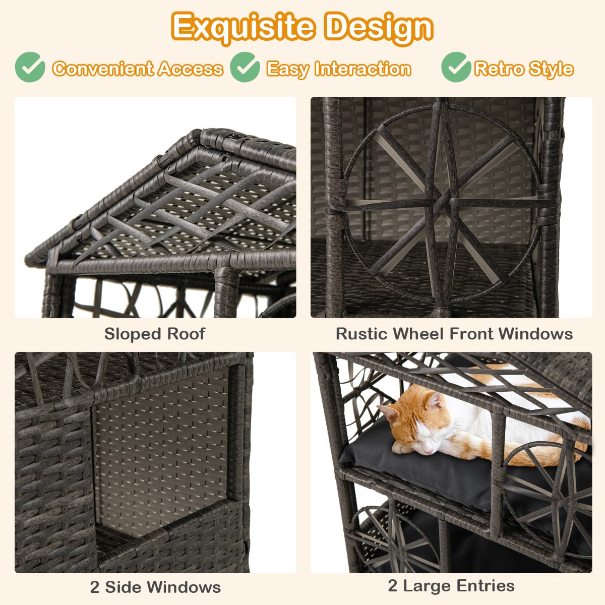 LIVSK Rattan-kattenhuis met Afneembare Kussens - Twee Verdiepingen - Vintage Ontwerp - Voor Binnen en Buiten - Grijs