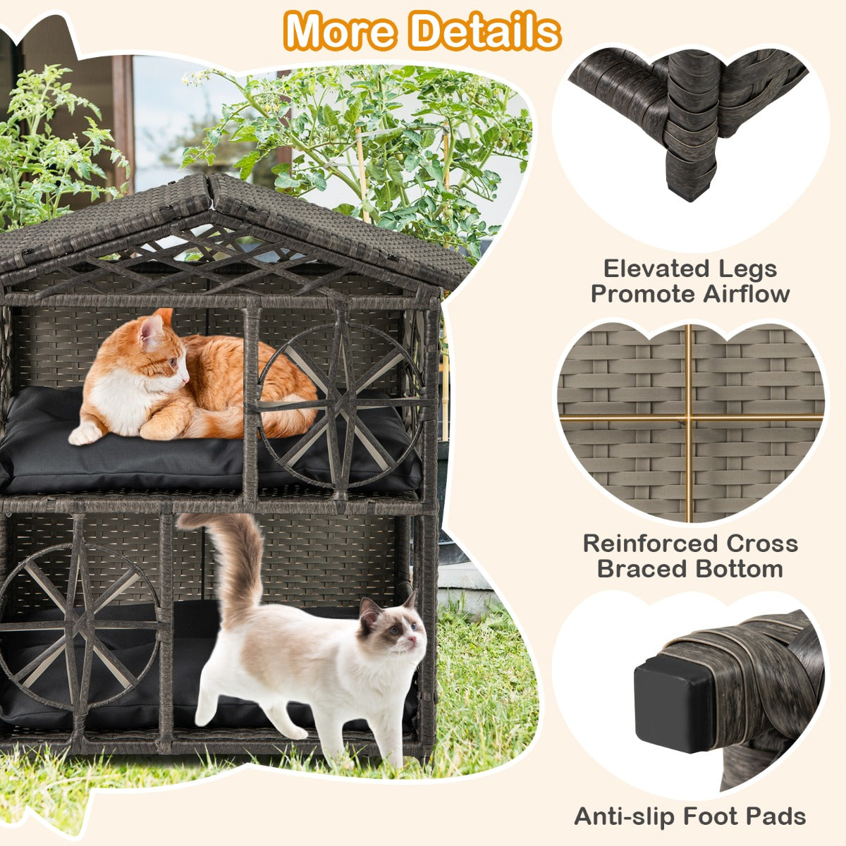 LIVSK Rattan-kattenhuis met Afneembare Kussens - Twee Verdiepingen - Vintage Ontwerp - Voor Binnen en Buiten - Grijs