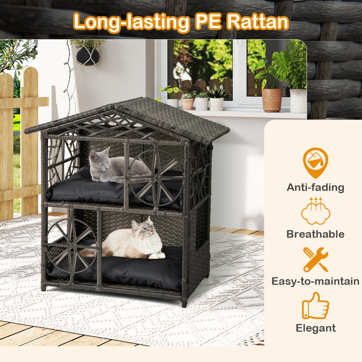 LIVSK Rattan-kattenhuis met Afneembare Kussens - Twee Verdiepingen - Vintage Ontwerp - Voor Binnen en Buiten - Grijs