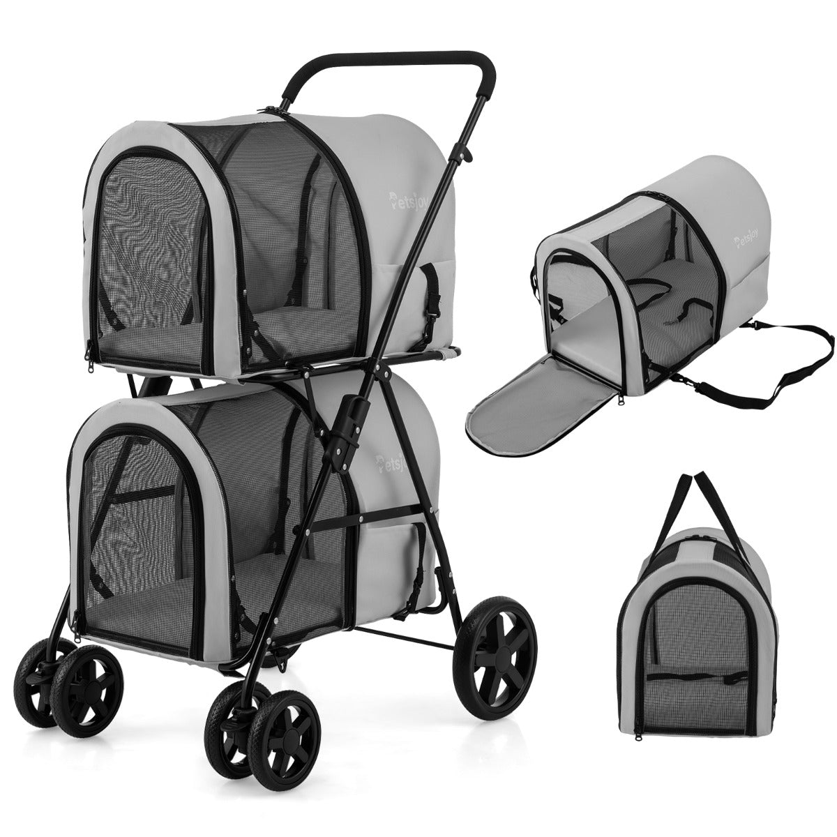 Livsk costway 2 verdiepingen hondenwagen tot 16 kg hondenbuggy met gaasvensters bekerhouders grijs 1 1