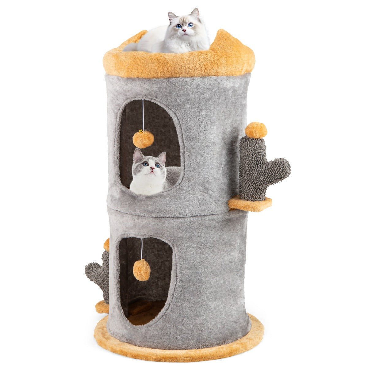 LIVSK Krabpaal met 2 Verdiepingen - Zacht Kussen - Kattenholletjes met Privé Ingangen - Inclusief Pluche Speelgoed - Grijs+Oranje