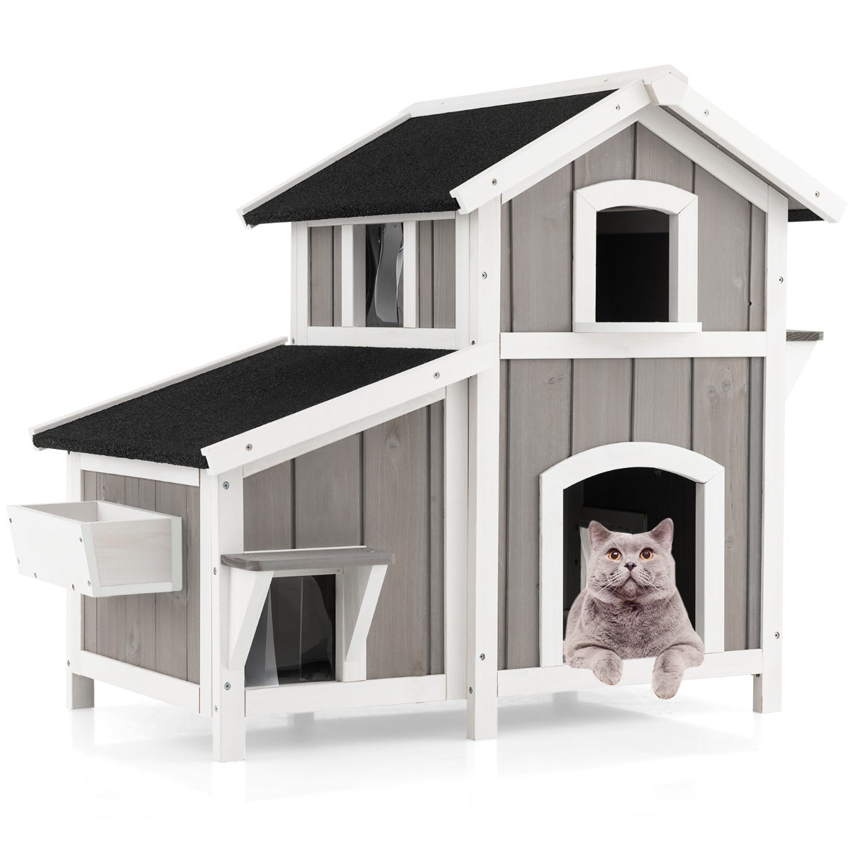 LIVSK Weerbestendig Buiten Kattenhuis - 2 Verdiepingen - PVC-Gordijnen - Massief Sparrenhout - Tot 30 kg - Grijs