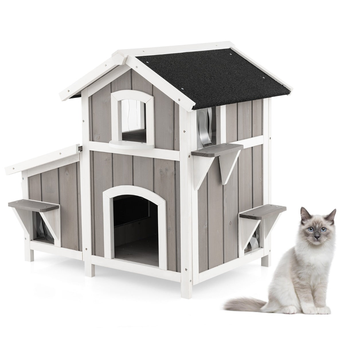LIVSK Weerbestendig Buiten Kattenhuis - 2 Verdiepingen - PVC-Gordijnen - Massief Sparrenhout - Tot 30 kg - Grijs