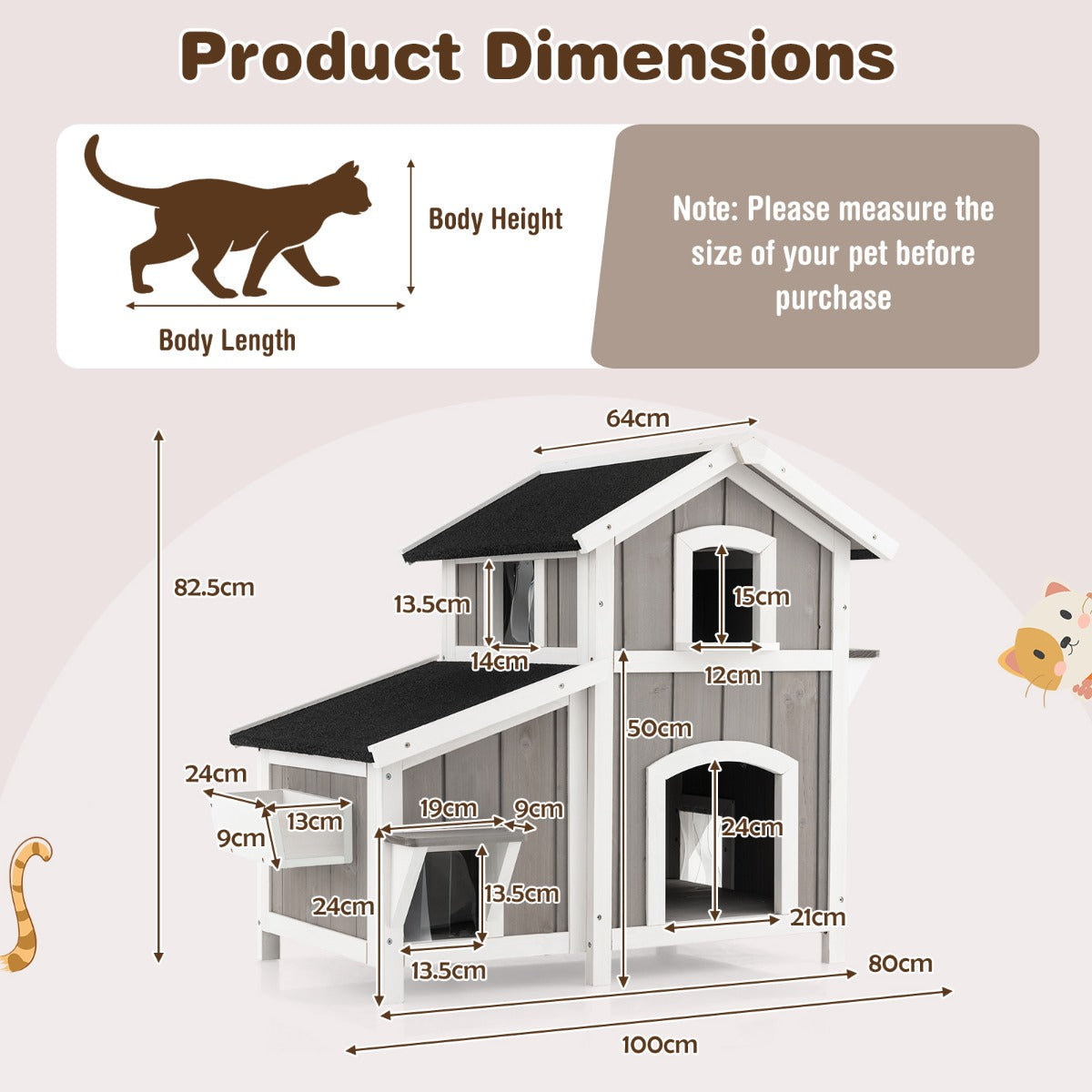 LIVSK Weerbestendig Buiten Kattenhuis - 2 Verdiepingen - PVC-Gordijnen - Massief Sparrenhout - Tot 30 kg - Grijs