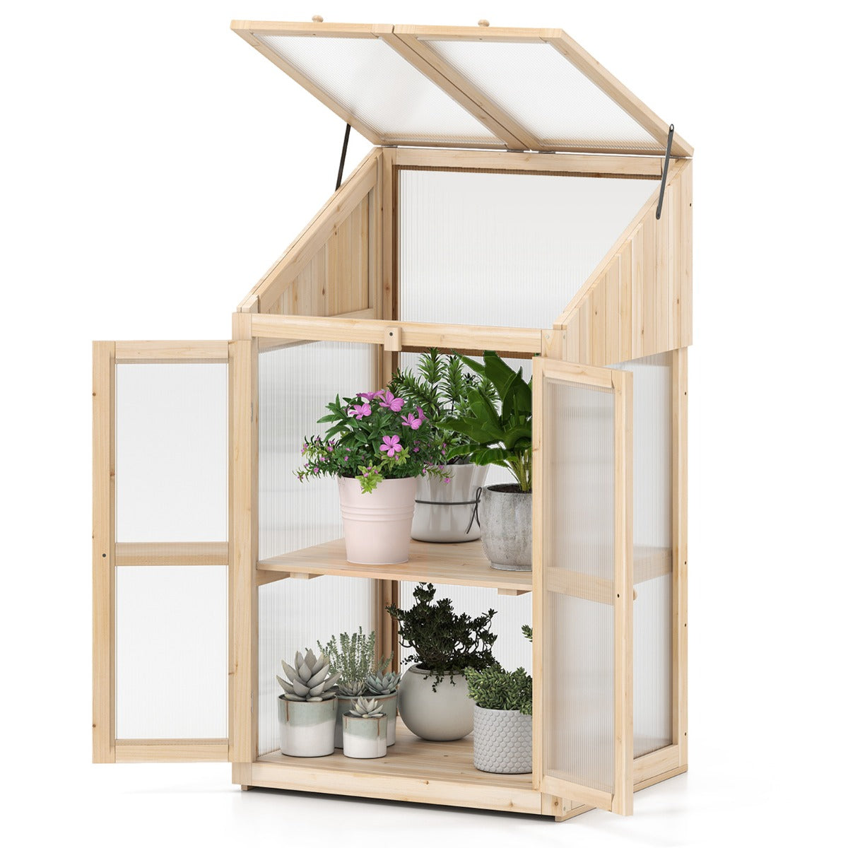 LIVSK Mini-kweekkas - 2 Niveaus met Opklapbaar Dak - Transparante PC-panelen - Voor Binnen & Buiten - 69 x 58 x 121 cm -