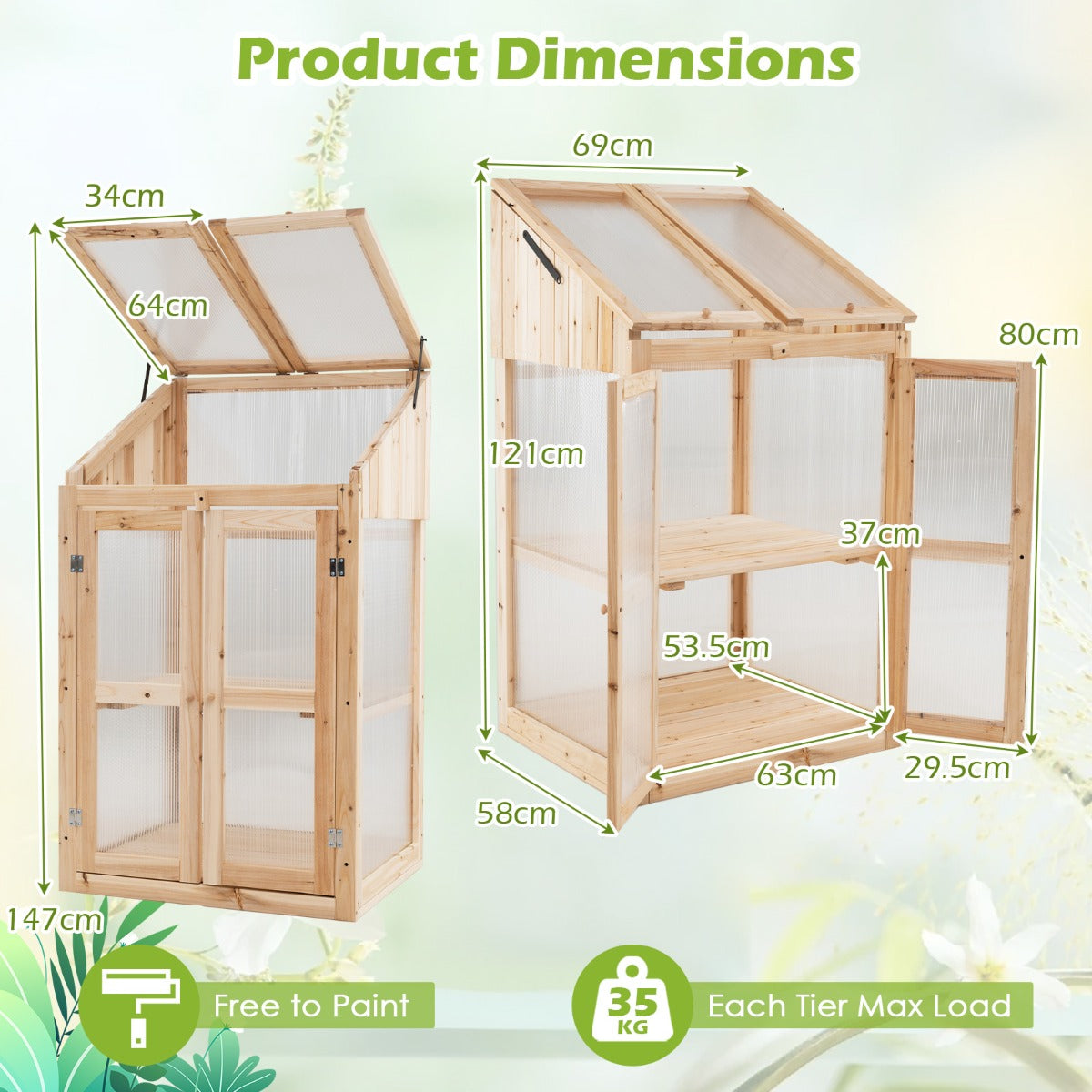 LIVSK Mini-kweekkas - 2 Niveaus met Opklapbaar Dak - Transparante PC-panelen - Voor Binnen & Buiten - 69 x 58 x 121 cm -
