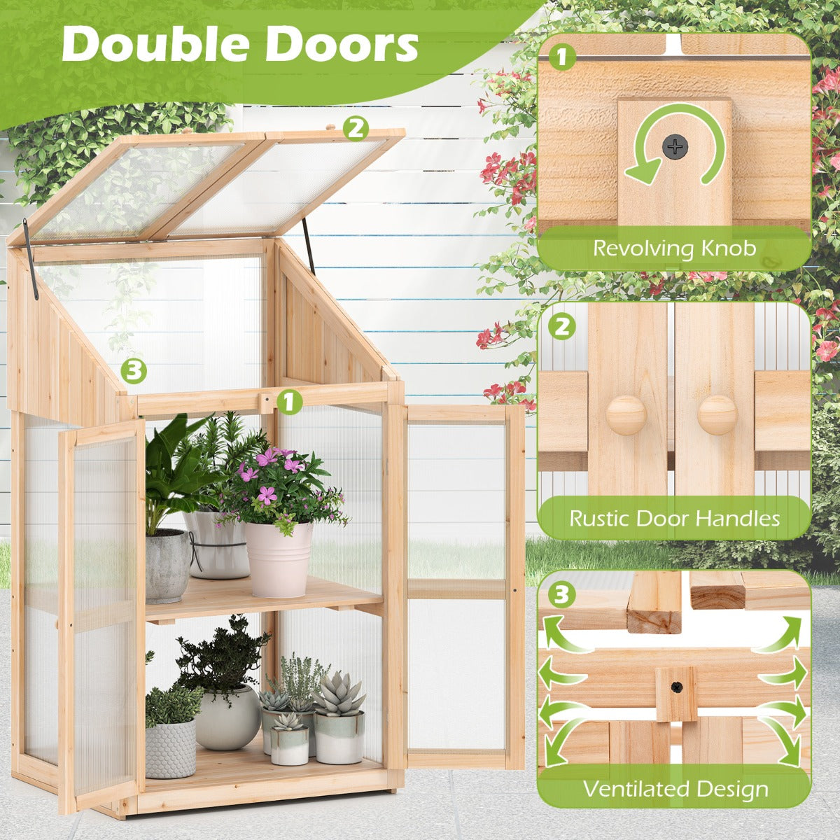 LIVSK Mini-kweekkas - 2 Niveaus met Opklapbaar Dak - Transparante PC-panelen - Voor Binnen & Buiten - 69 x 58 x 121 cm -