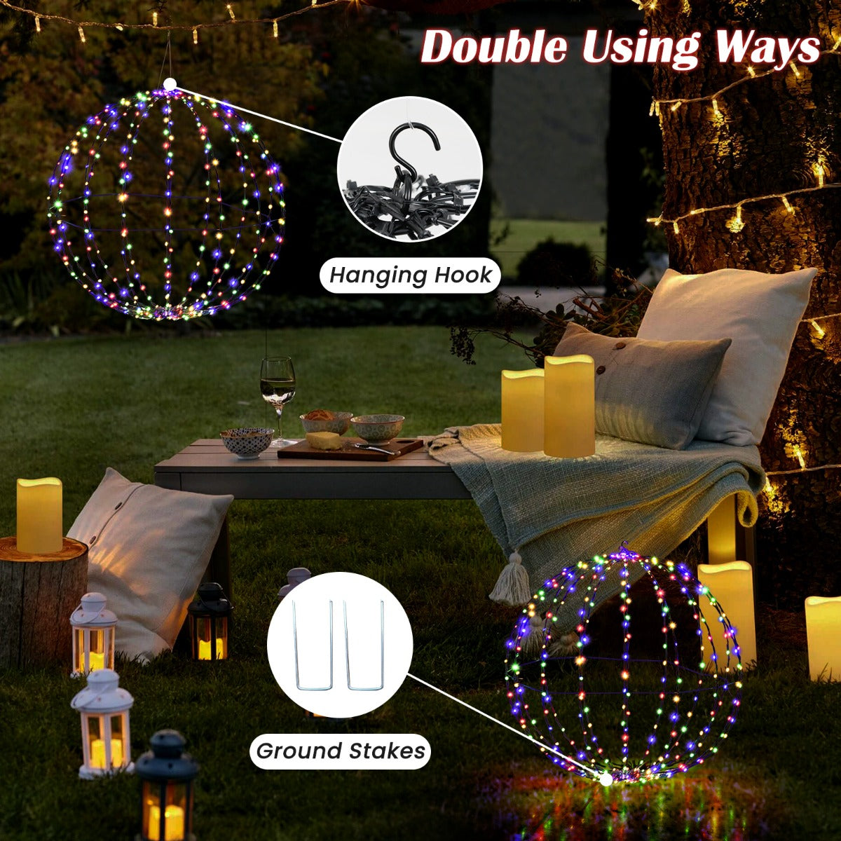 LIVSK LED-Kerstballen met Metalen Frame - 440 Gekleurde LED's - Weerbestendig - Hangend of Staand - 30 en 56 cm -