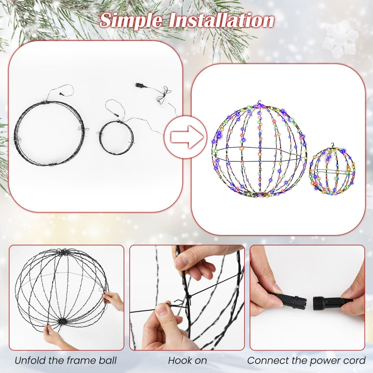 LIVSK LED-Kerstballen met Metalen Frame - 440 Gekleurde LED's - Weerbestendig - Hangend of Staand - 30 en 56 cm -