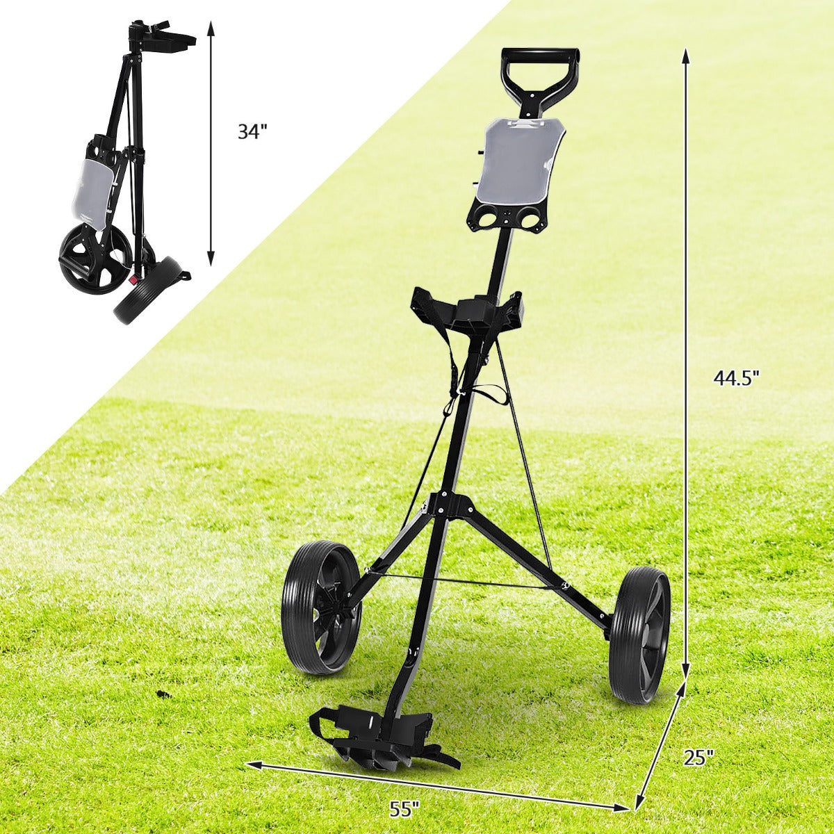 LIVSK Golfkar - Opvouwbaar Stalen Frame - Ergonomische Handgreep - Scorekaarthouder - Duurzame Wielen - 140 x 63,5 x 113 cm -