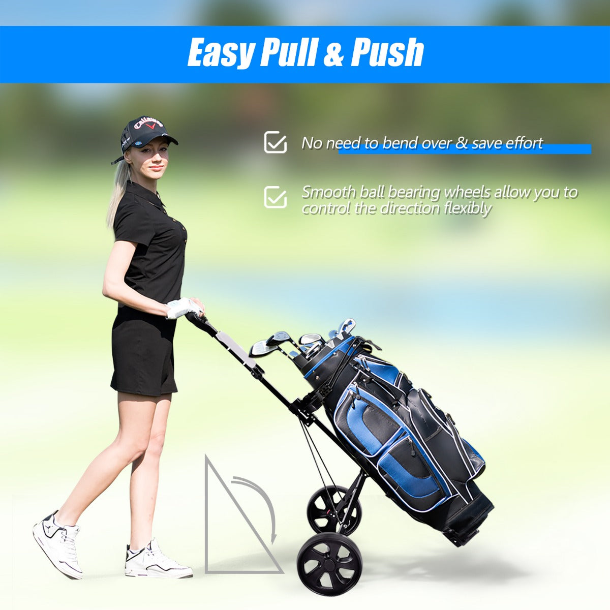 LIVSK Golfkar - Opvouwbaar Stalen Frame - Ergonomische Handgreep - Scorekaarthouder - Duurzame Wielen - 140 x 63,5 x 113 cm -