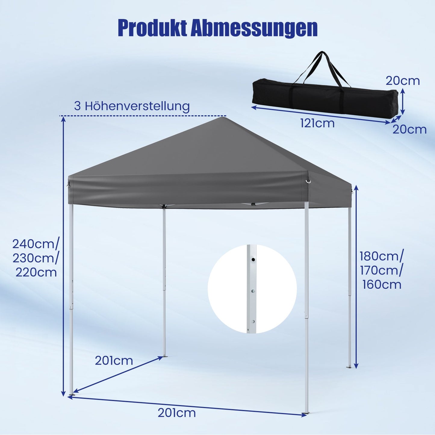 LIVSK Pop-up Tuinhuisje - Oxford Stof met Zilveren Coating - UPF 50+ Zonbescherming - Verstelbare Hoogte 220-240 cm - Grijs