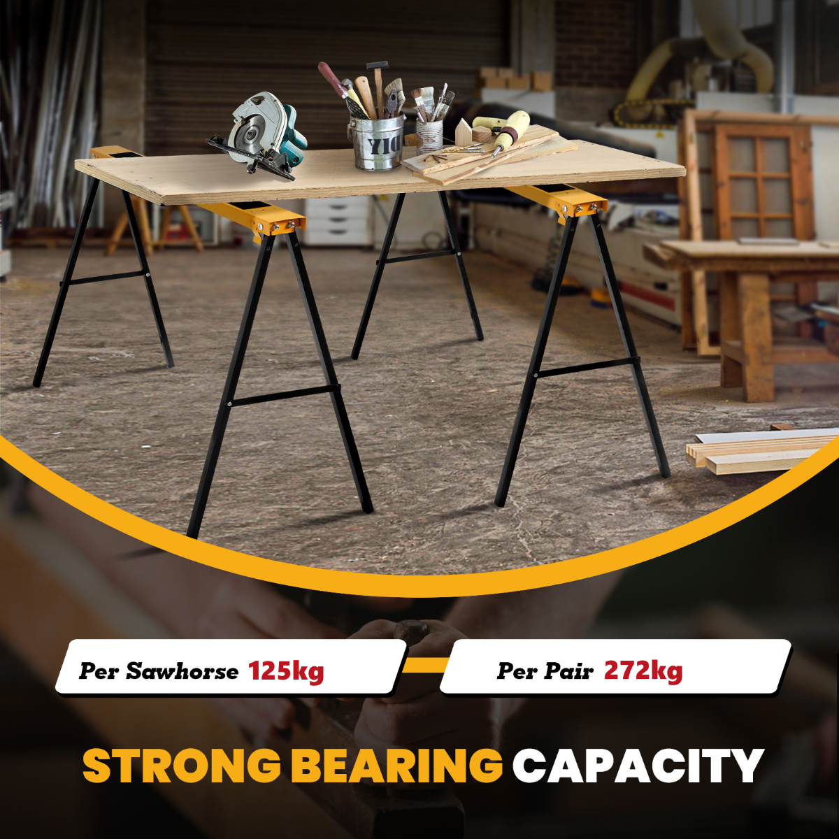 LIVSK Inklapbare Werkschragen Set van 2 - Draagvermogen tot 275 kg - Handgreep voor Eenvoudig Transport - Geel