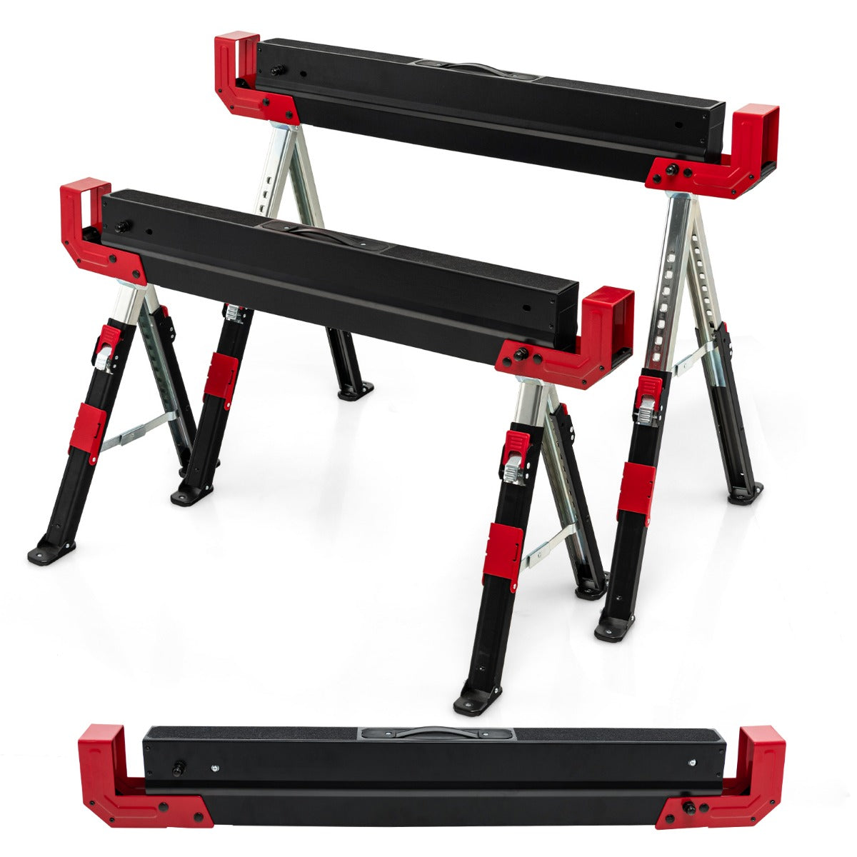 LIVSK Set van 2 Zaagbokken - Maximaal 1180 kg Belastbaar - In hoogte verstelbaar - Antislip - Inklapbaar - Zwart/Rood
