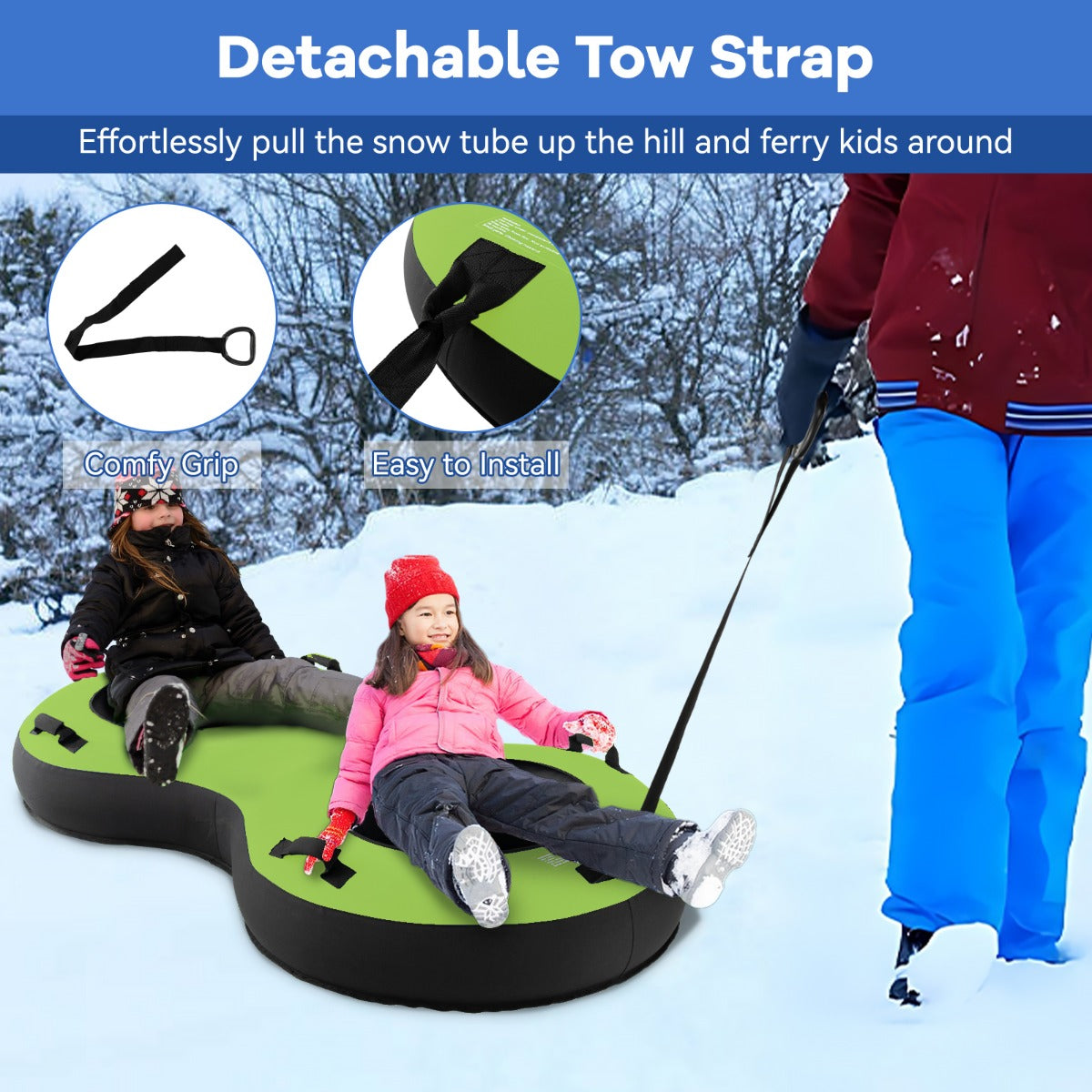 Livsk costway 2 zits 200 cm sneeuwslee hoogwaardige rubberen binnenband stijve basis trekband opblaaspomp voor kinderen volwassenen groen 4