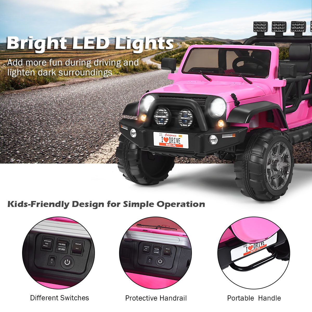 LIVSK Elektrische Speelgoedauto voor 2 Kinderen - Afstandsbediening - Veiligheidsgordels - LED Verlichting - Tot 50 kg - Roze