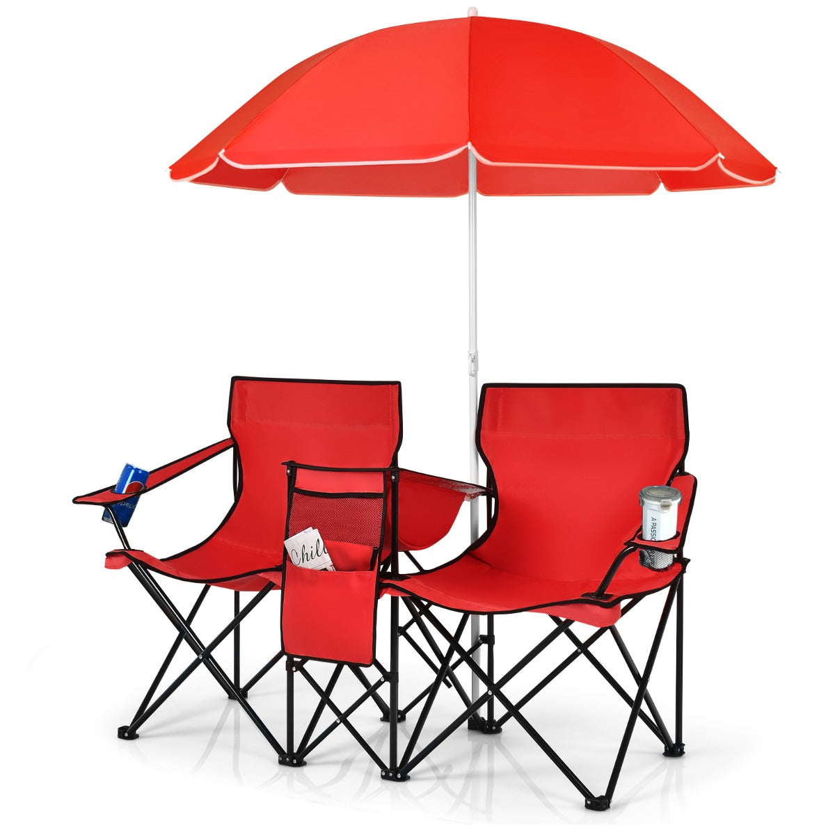 Livsk costway 2 zits campingstoel met parasol koeltas bekerhouder en zijzak inklapbare visstoel met draagtas vouwstoel klapstoel voor kamperen rood