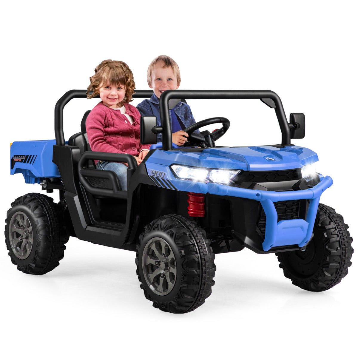 LIVSK 12V Kiepwagen voor Kinderen - Afstandsbediening - Veiligheidsgordels - Muziek en Toetergeluiden - Tot 50 kg - Blauw