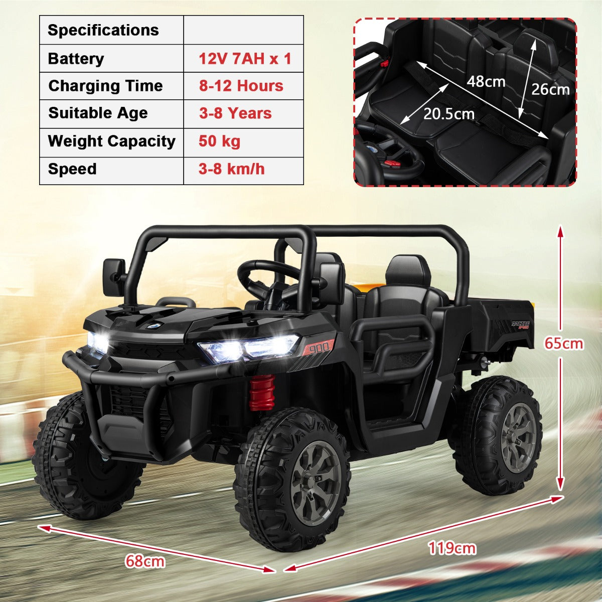 LIVSK 12V Kiepwagen voor Kinderen - Afstandsbediening - Automatische Kiepbak - Geschikt voor 2 Kinderen tot 50 kg - Zwart