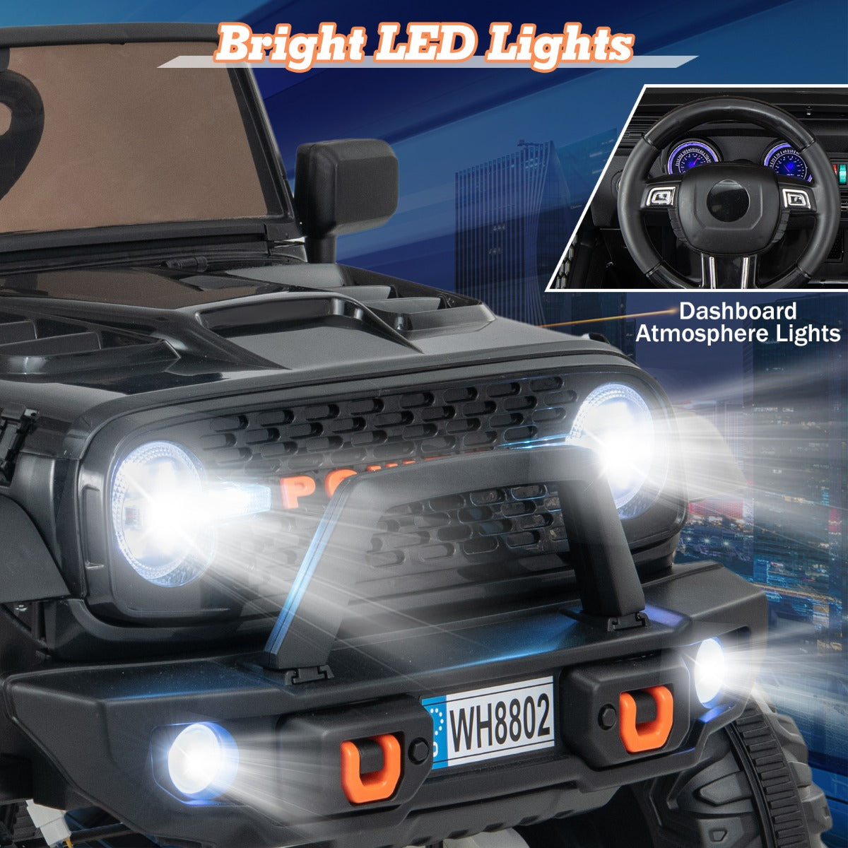 LIVSK 2-zits elektrische kinderauto met afstandsbediening - LED-verlichting - 4 motoren - Veiligheidsgordel - 122 x 86 x 83 cm -