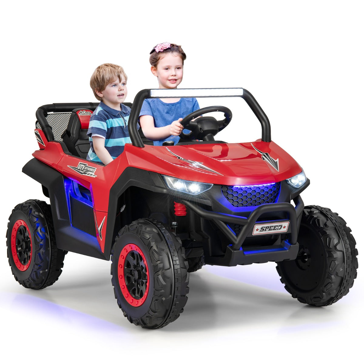LIVSK Kinderauto met Afstandsbediening - 2-Zits UTV met Koplampen en Muziek - Veiligheidsgordel - Tot 59 kg - Rood