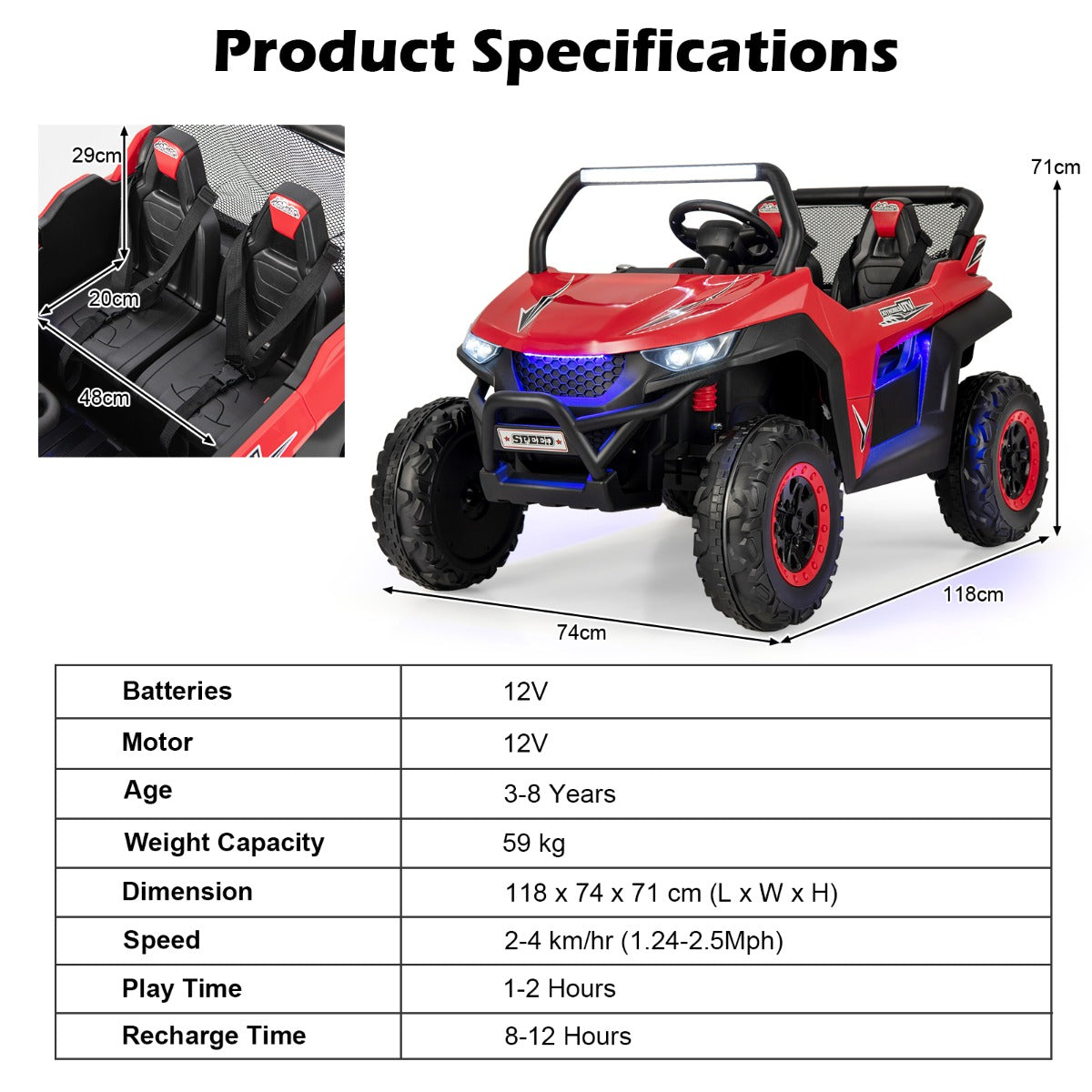 LIVSK Kinderauto met Afstandsbediening - 2-Zits UTV met Koplampen en Muziek - Veiligheidsgordel - Tot 59 kg - Rood